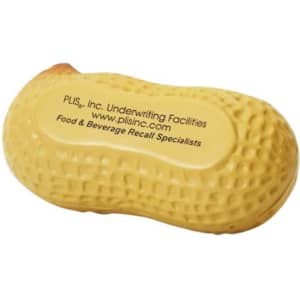 A yellow peanut-shaped stress reliever with a textured surface and a logo on the bottom.