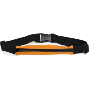 A running belt in black and orange with a zippered pocket and adjustable strap. Features a logo.