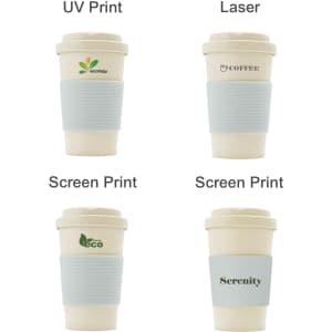 A 400ML bamboo fibre coffee cup in cream with a silicone sleeve, featuring various printed logos.