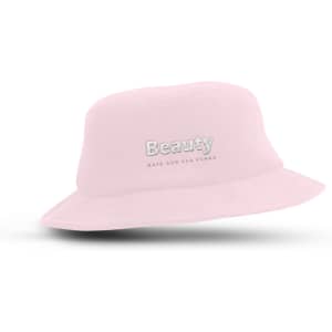 A pink terry towelling bucket hat with a logo on the front, suitable for leisure and outdoor activities.