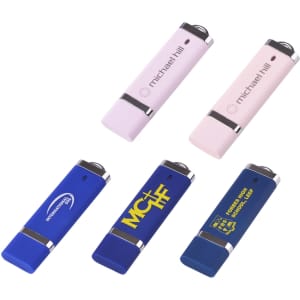 A selection of Constellation Flash Drives in pink and blue, featuring various branding elements.