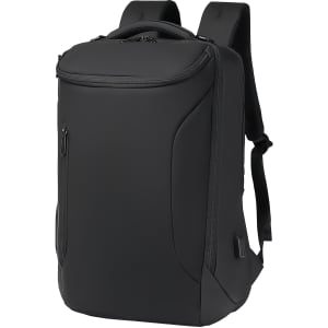 A sleek black waterproof business backpack with adjustable straps and a clean design. Features a logo on the front.