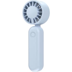A foldable handheld fan in light blue with a circular fan head and a button on the handle. It features a logo.