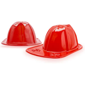 A shiny red PVC fire chief hat with a classic design. Includes two hats, both featuring a logo.