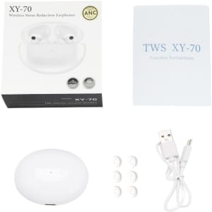 Active noise cancelling wireless earbuds in white, with a charging case, extra ear tips, a USB cable, and instruction manual.