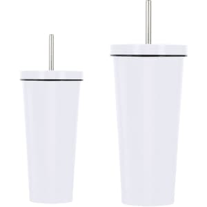 A drink bottle set featuring a white double wall stainless steel tumbler with straw, available in 480ML and 650ML sizes.