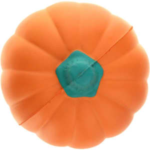 An orange pumpkin-shaped stress reliever with a teal stem, designed for fun and relaxation.