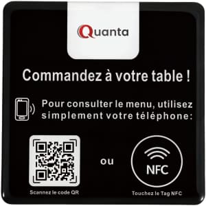 A black NFC desk tag with a QR code and instructions for food ordering. It features a logo at the top.