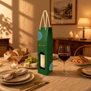 A green single bottle wine box with a rope handle, featuring a window and a logo. The setting includes dinnerware and food.