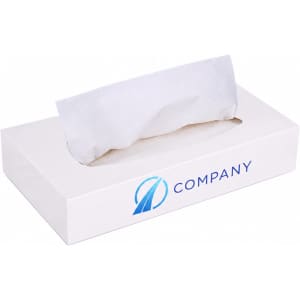 A white tissue box featuring a logo and a rectangular opening for easy access to tissues.