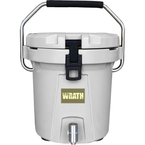 A grey ice bucket with a black handle and a metal tap at the bottom, featuring a logo on the front.