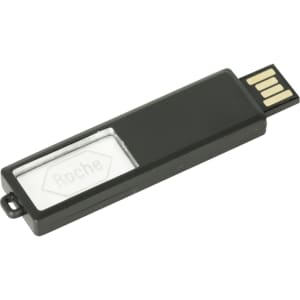 A sliding acrylic flash drive in black with a clear section and a logo.