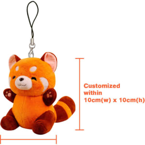 A plush keyring in orange and brown, shaped like a red panda, with dimensions of 10cm by 10cm.