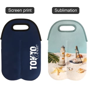 A neoprene double beer bottle carrier featuring a navy design on one side and a light blue beach scene on the other, with handles.