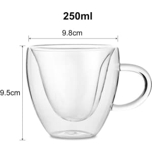A double wall mug in clear glass, featuring a curved design and a handle, with a capacity of 250ml.