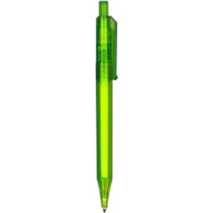 A green transparent barrel pen with a click mechanism and clip, featuring a branding logo.