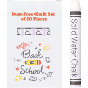 A set of 20 white, dust-free chalk sticks in a multi-coloured box with a playful design and a logo.
