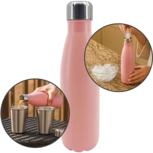 A drink bottle in pink with a stainless steel cap, featuring a logo and an ergonomic design.