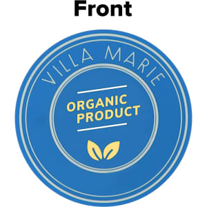A round blue custom PVC coaster featuring a logo and the words "Organic Product" in the centre.