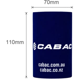 A drink bottle stubby holder in navy blue with a logo, measuring 70mm by 110mm.