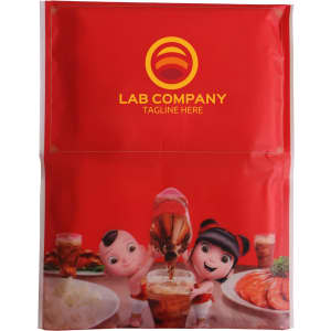 A red packaging featuring animated characters pouring a drink, with a logo at the top.