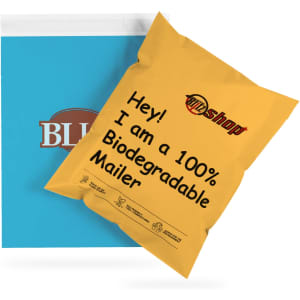 A yellow biodegradable mailer bag sits slightly overlapping a blue mailer bag, both featuring logos.