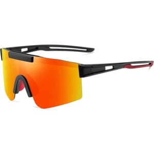 Frameless sports sunglasses featuring a black frame and vibrant orange-tinted lenses. Includes a logo on the frame.