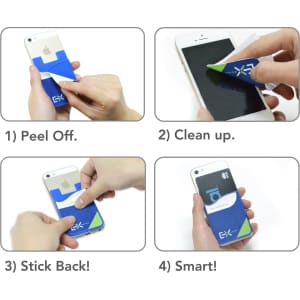 A blue and green smart wallet being applied to a phone, with steps showing peeling off, cleaning, sticking back, and final usage.