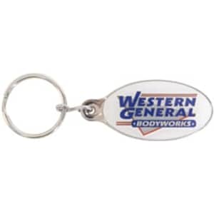 A custom shaped embossed soft enamel keyring featuring a clear oval design and a silver keyring attachment.