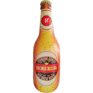 An inflatable beer bottle with a yellow-orange label featuring a logo, and details resembling condensation.