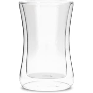 A drink bottle made of clear glass with a sleek, double wall design and a distinctive tapered shape.