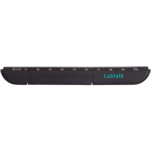 A black multifunctional scissors with a ruler marking, featuring a branding logo.
