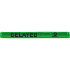 A reflective slap band in bright green with black text and a logo. Suitable as a clothing accessory.