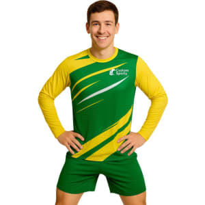 A long-sleeved sports shirt in green and yellow with a logo, featuring a dynamic design and micro mesh fabric.
