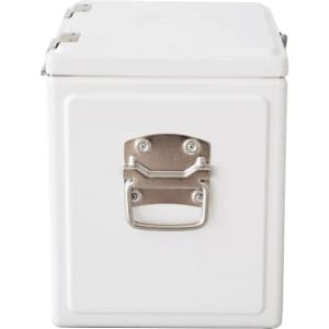 A white metal cooler box with a stainless steel latch and handle, featuring a minimalist design.