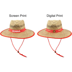 A natural straw hat with a wide brim, featuring red bands and adjustable straps. Two printing styles are presented.