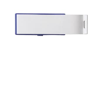 A drink bottle opener in blue and white, featuring a flash drive design with a logo.