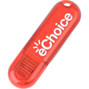 A red flash drive with a rounded design and a branded logo on the surface.