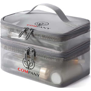 A grey nylon mesh sheer double layer cosmetic bag with a handle and zipped compartments, featuring various bottles inside.