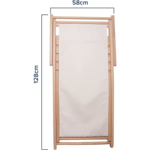 A beech frame beach chair in light colour, measuring 58cm by 128cm, with a simple, sleek design and a logo.