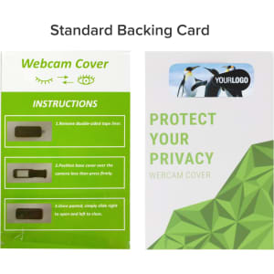 A standard backing card featuring a smart webcam cover with instructions and a logo, designed in green and white.