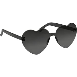 Heart-shaped sunglasses in black with dark lenses and sleek black frames. Features a logo on the side.