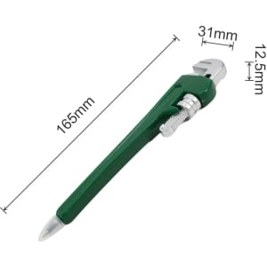 A green pipe wrench-shaped ballpoint pen with silver detailing, measuring 165mm in length.