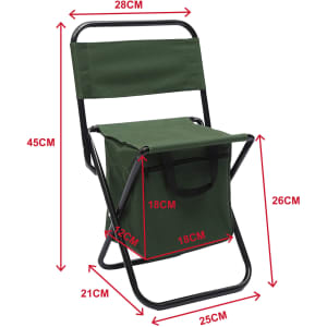 A foldable children's camping chair in green, featuring a sturdy metal frame and a storage bag. Dimensions are marked.