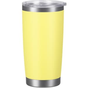 A drink bottle featuring a bright yellow body and a silver base, with a clear lid and a logo.
