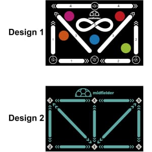 Football training mat featuring two designs with vibrant colours on a black background, including arrows and shapes.