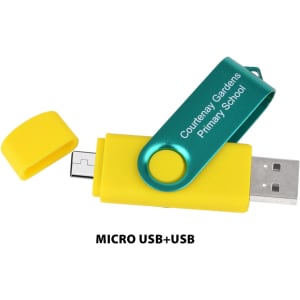A double-ended micro USB flash drive in yellow and teal, featuring a protective cap and a logo.
