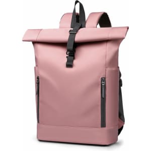 A roll top laptop backpack in pink with a grey base, featuring two zipped side pockets and adjustable straps.