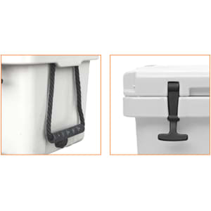 A 25L cooler box in white featuring a secure lid and durable handles. The product has a logo.