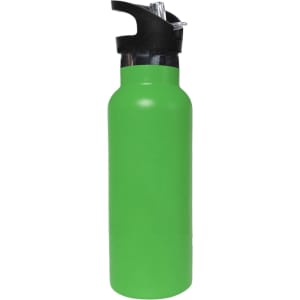 A drink bottle featuring a vibrant green body and a black flip valve lid, with a logo on it.